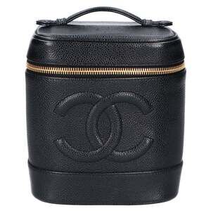 CHANEL Black Caviar Leather Logo Vanity Bag